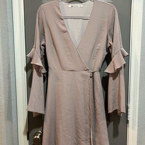The Impeccable pig tan ruffle Long Sleeve Dress